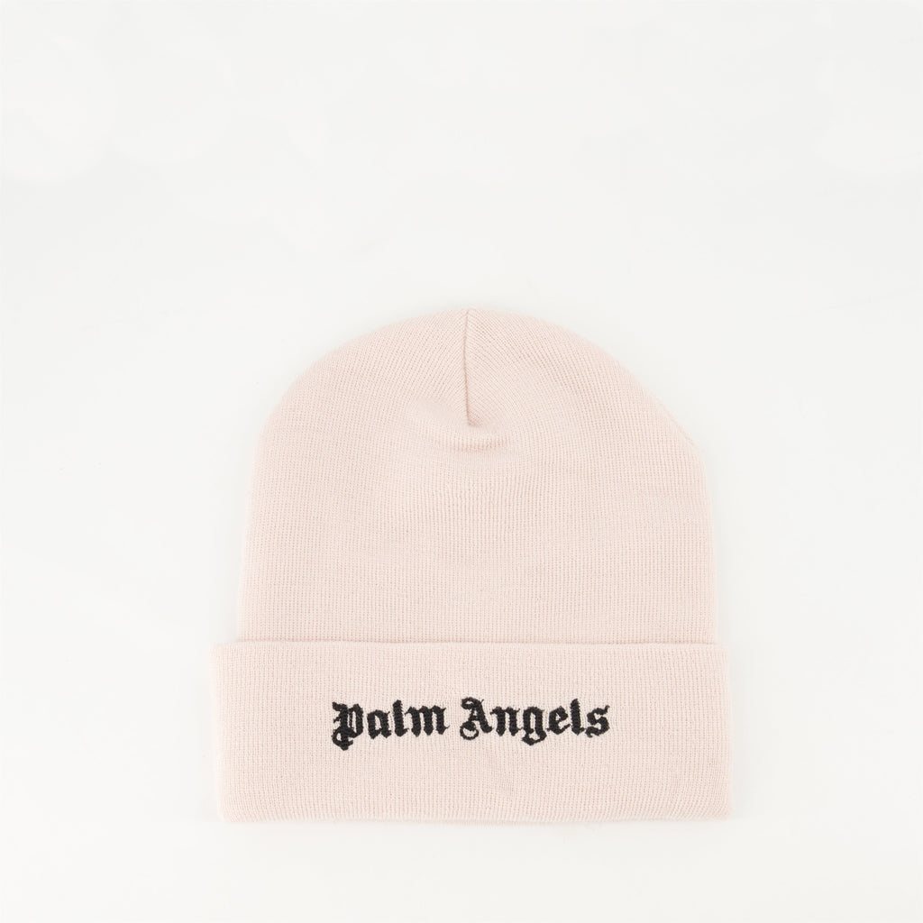 pink wool beanie, Palm Angels beanie, embroidered logo hat, Autumn-Winter 2023 accessory, women's winter hat