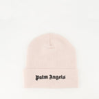 pink wool beanie, Palm Angels beanie, embroidered logo hat, Autumn-Winter 2023 accessory, women's winter hat