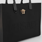 Versace tote, luxury canvas bag, black tote, high-end accessories, Medusa emblem