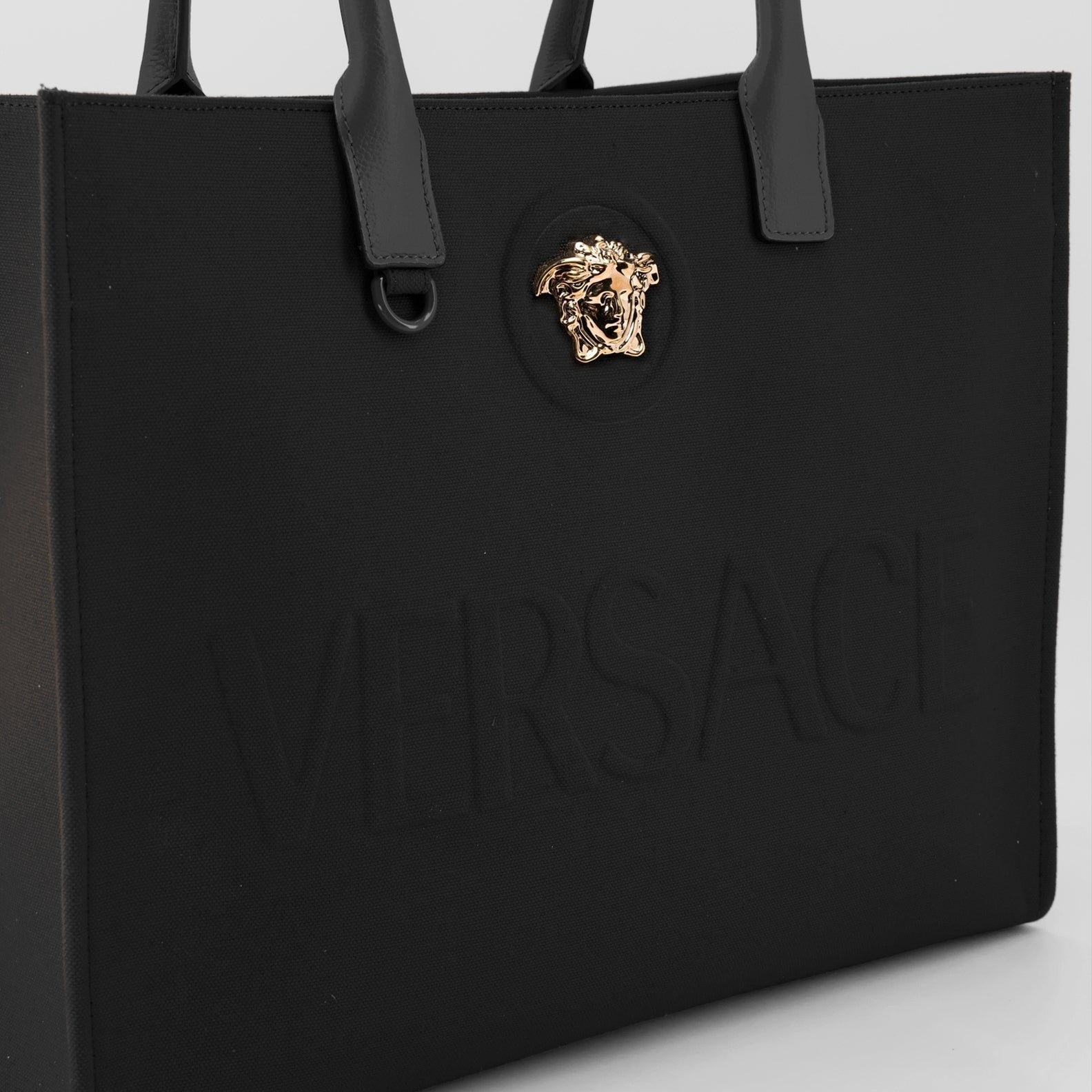 Versace tote, luxury canvas bag, black tote, high-end accessories, Medusa emblem