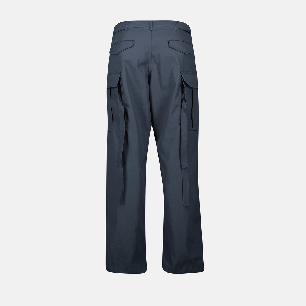 cotton cargo pants, wide fit trousers, Sacai, five-pocket design, adjustable waistband