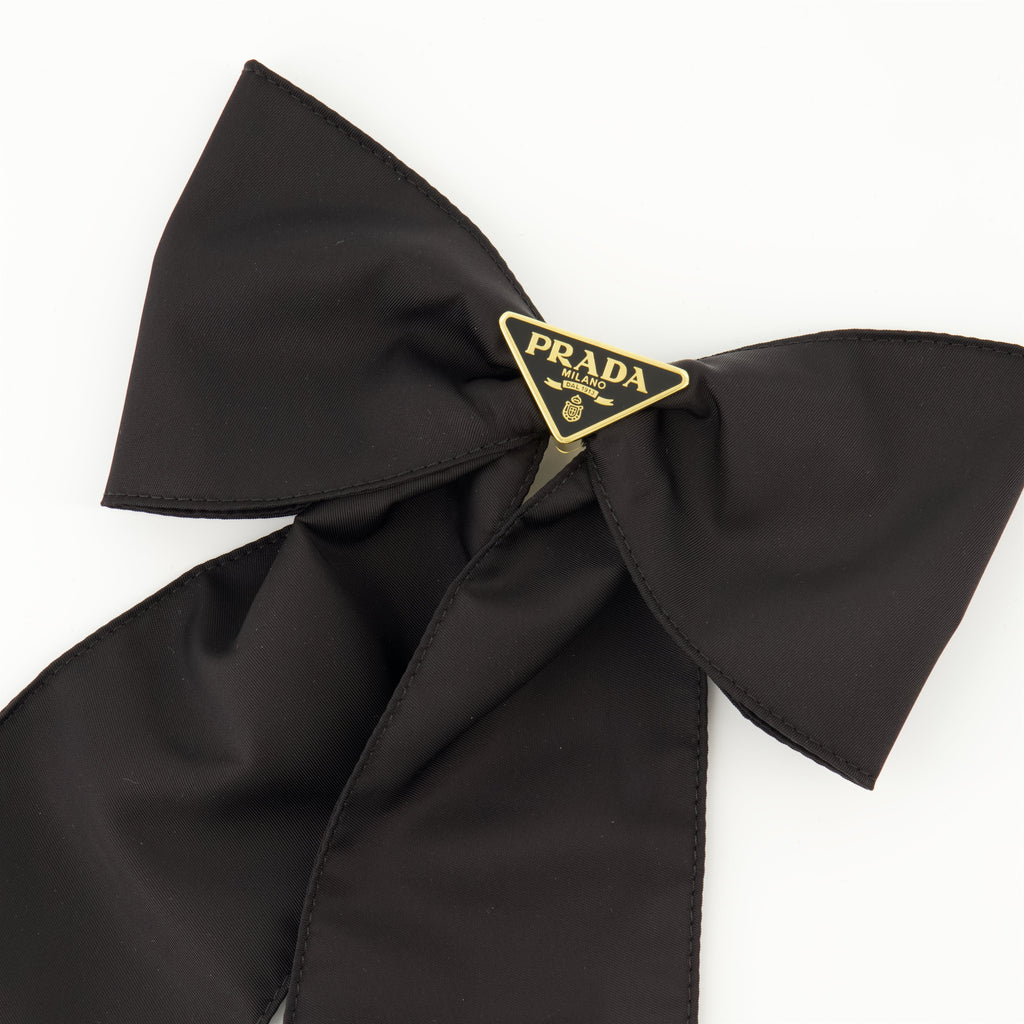 Prada barrette, Re-Nylon accessory, bow hair clip, sustainable fashion, black hair accessory