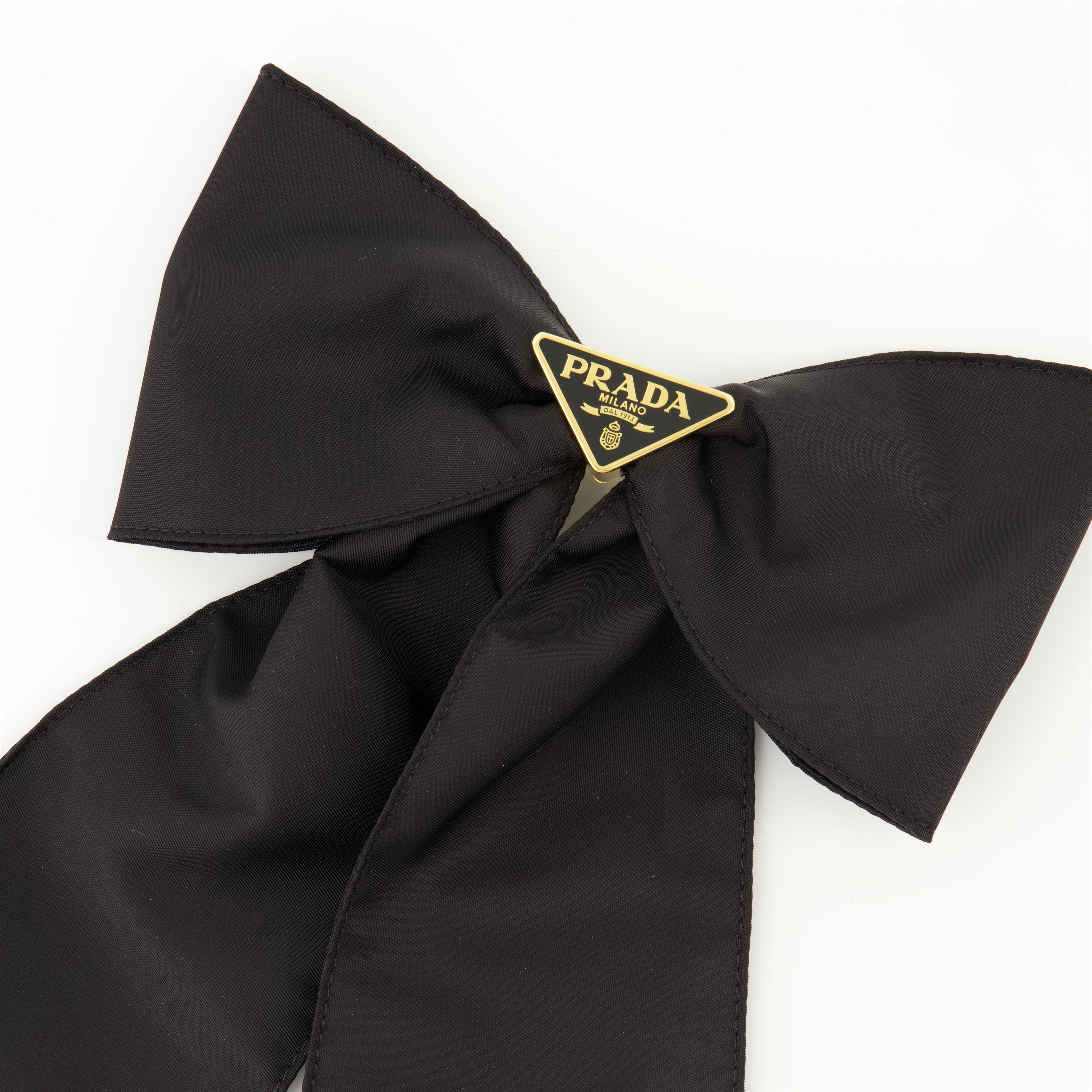 Prada barrette, Re-Nylon accessory, bow hair clip, sustainable fashion, black hair accessory