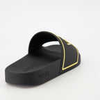 slide sandals, golden logo sandals, comfortable sandals, summer footwear, casual summer style