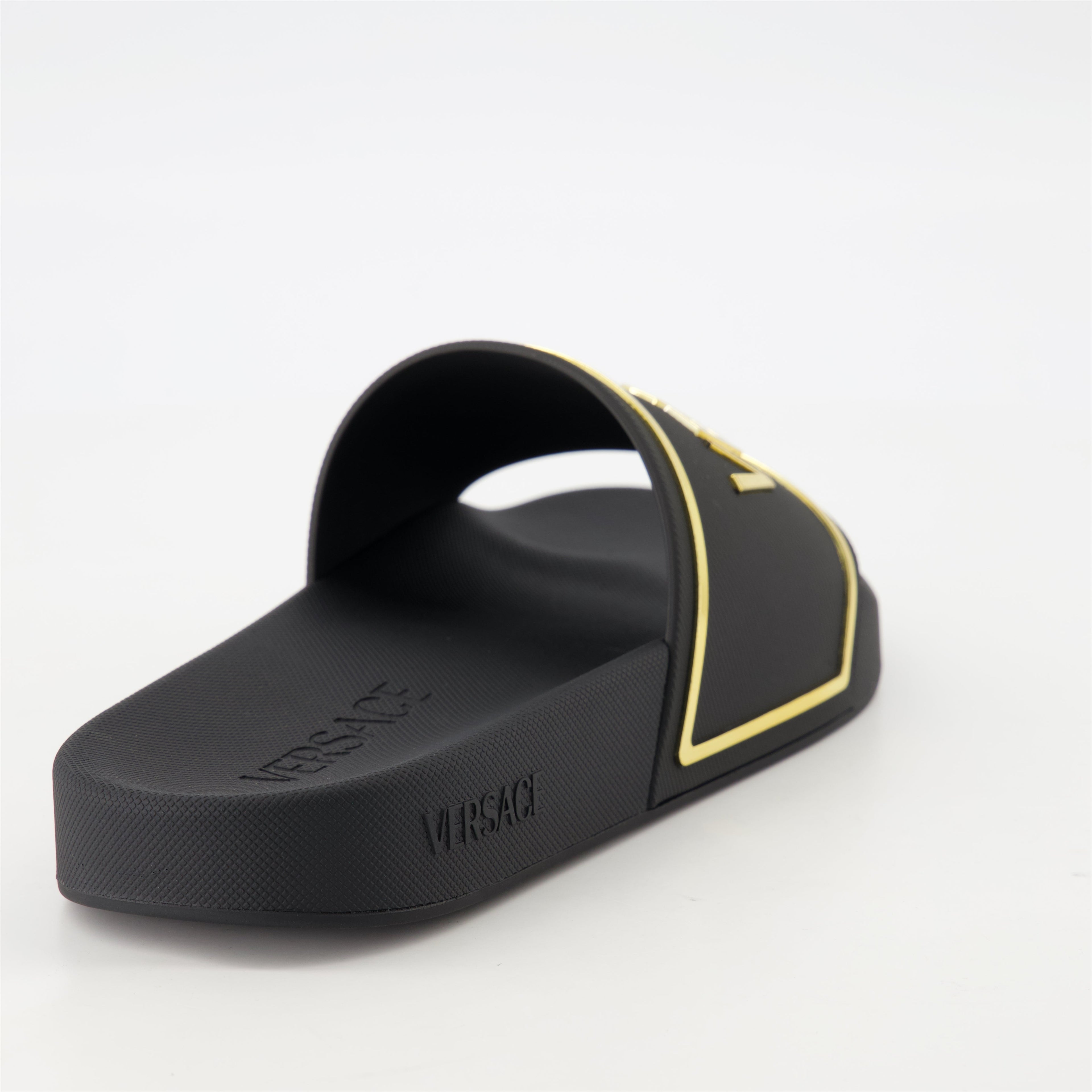 slide sandals, golden logo sandals, comfortable sandals, summer footwear, casual summer style