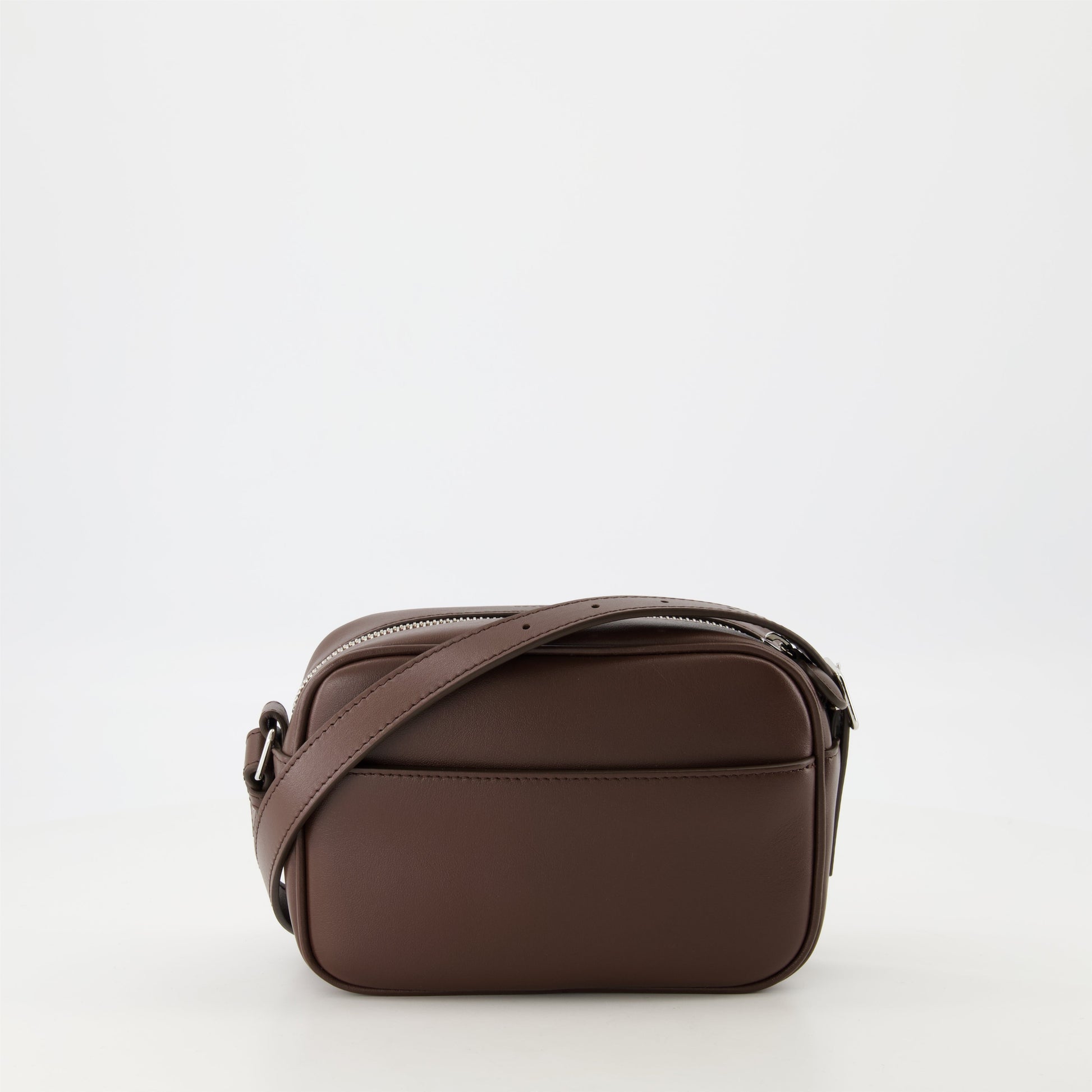 Camera bag, brown leather bag, Courrèges bag, unisex leather accessory, luxury fashion bag