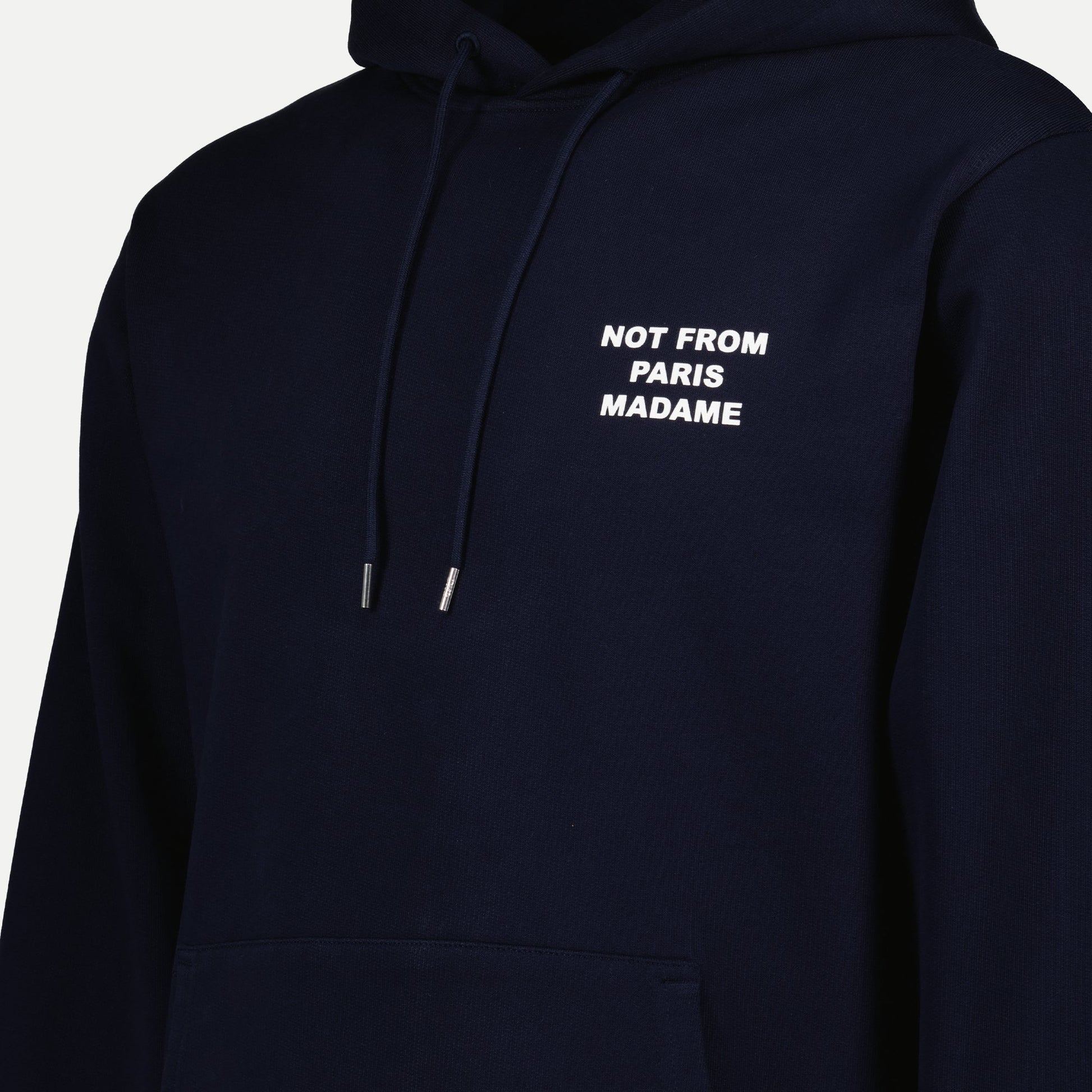 Navy hoodie, cotton piqué hoodie, slogan hoodie, Drôle de Monsieur, spring-summer fashion