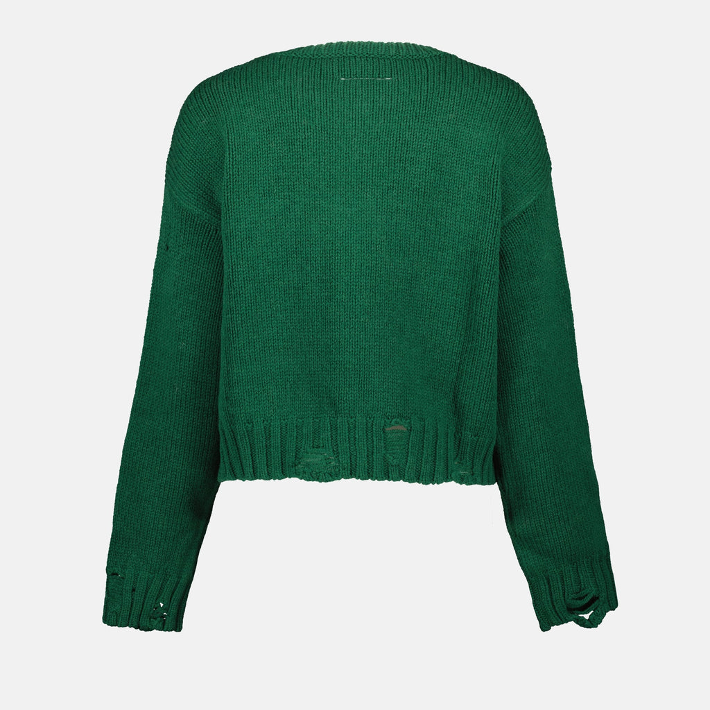 worn effect sweater, MM6 green sweater, luxury wool sweater, autumn-winter fashion, premium women's sweater