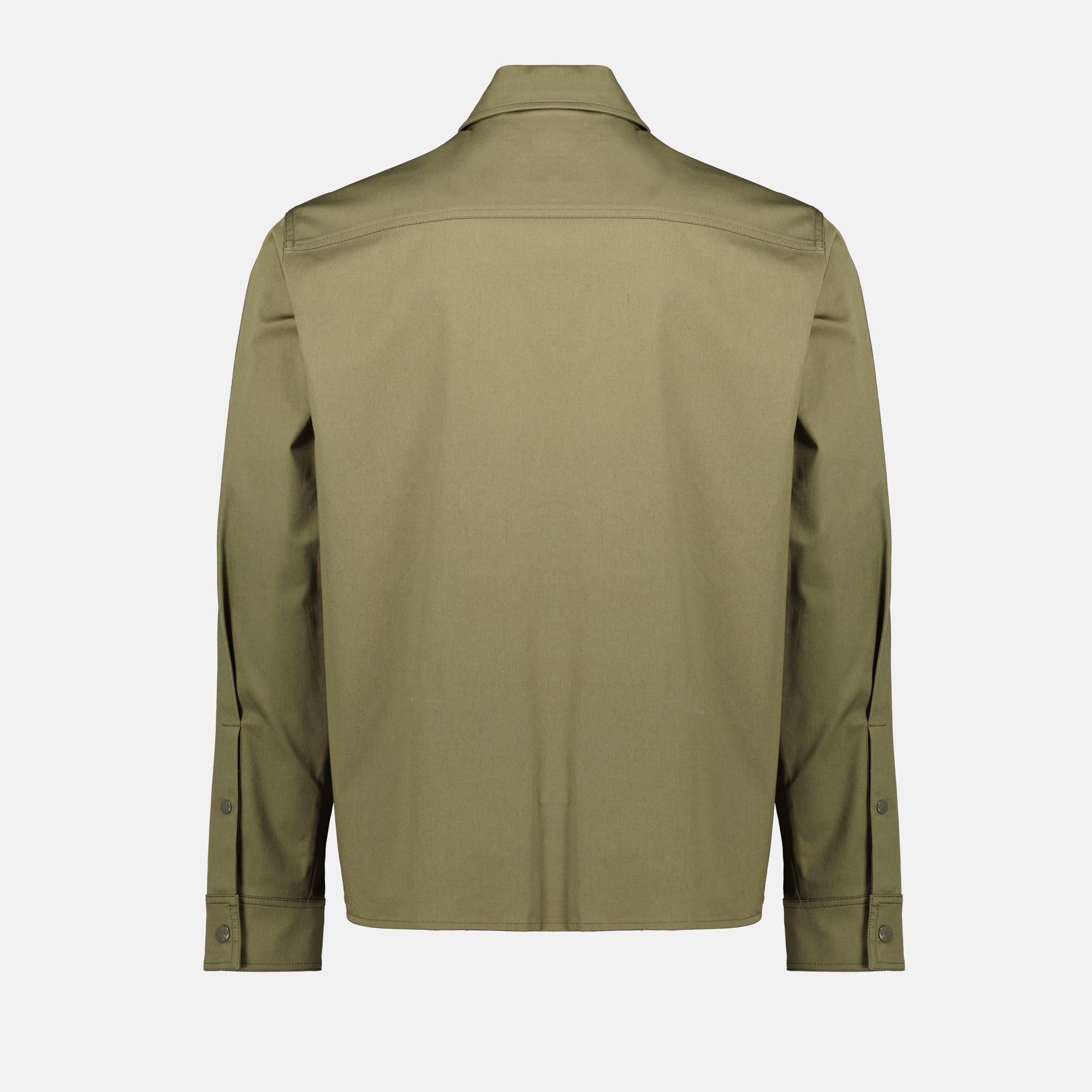 olive green overshirt, Moncler jacket, classic collar, double zipper, Spring-Summer 2025
