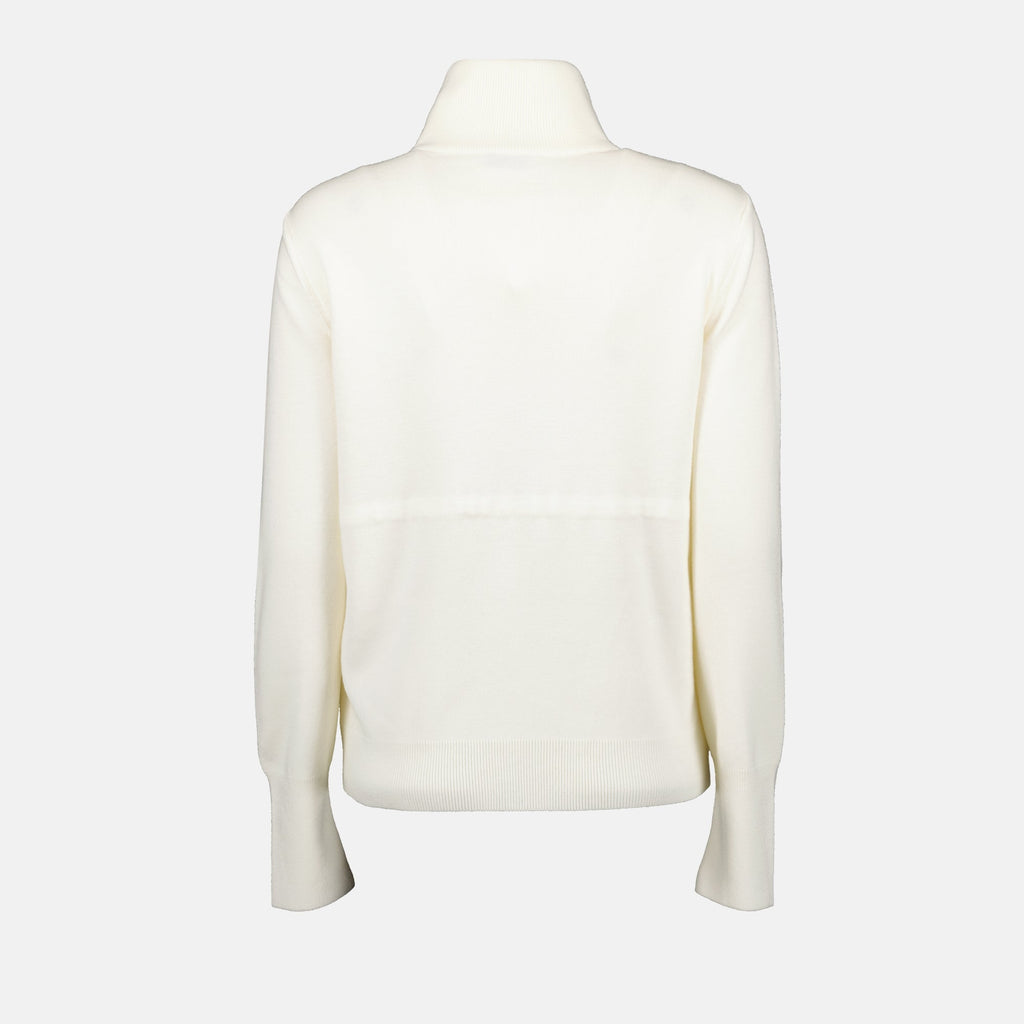 White jacket, Moncler logo, bi-material jacket, double-zip jacket, nylon and wool jacket