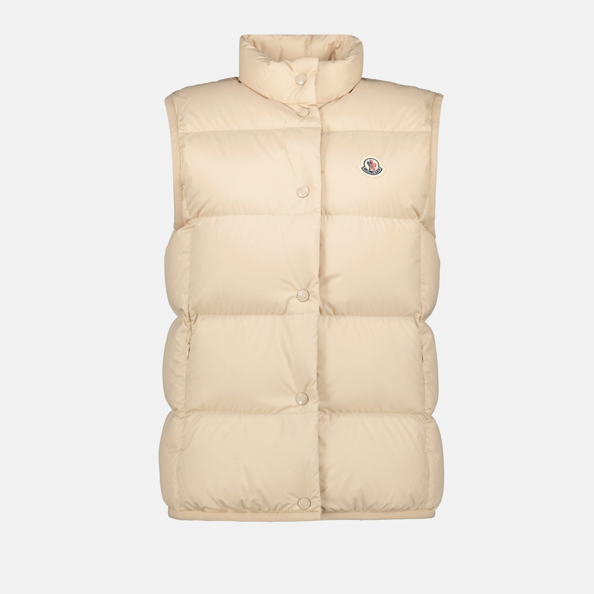 sleeveless puffer, beige puffer, Moncler vest, quilted design, foldable outerwear