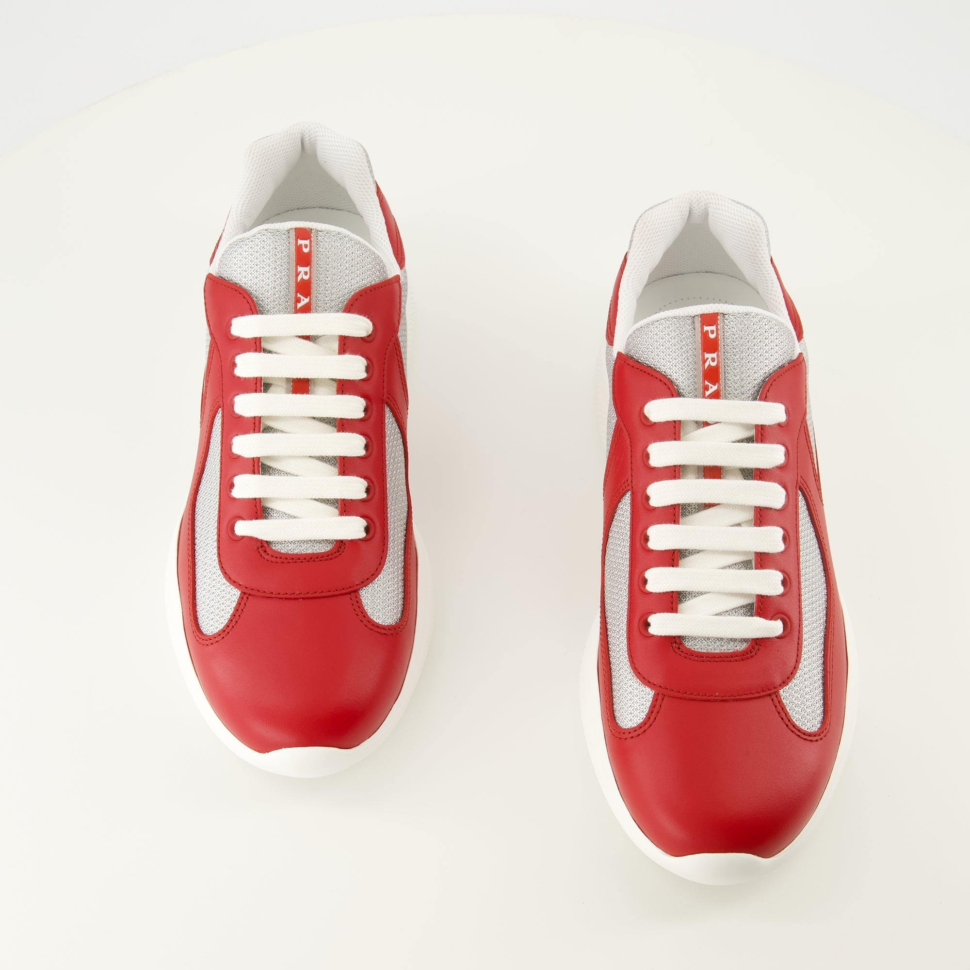 Prada shoe, America's Cup, red sneakers, calf leather footwear, rugged sole