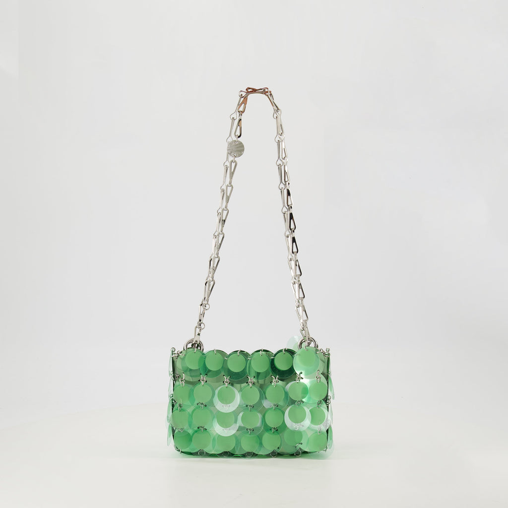 Sparkle handbag, Rabanne accessories, green and silver bag, chain shoulder bag, designer handbags