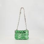Sparkle handbag, Rabanne accessories, green and silver bag, chain shoulder bag, designer handbags
