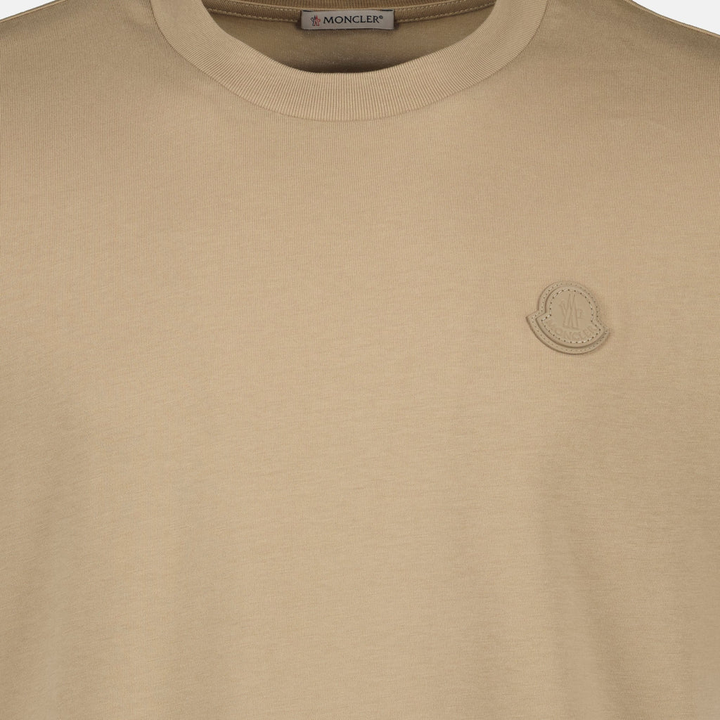 Moncler T-shirt, leather logo shirt, beige T-shirt, cotton jersey shirt, casual wear