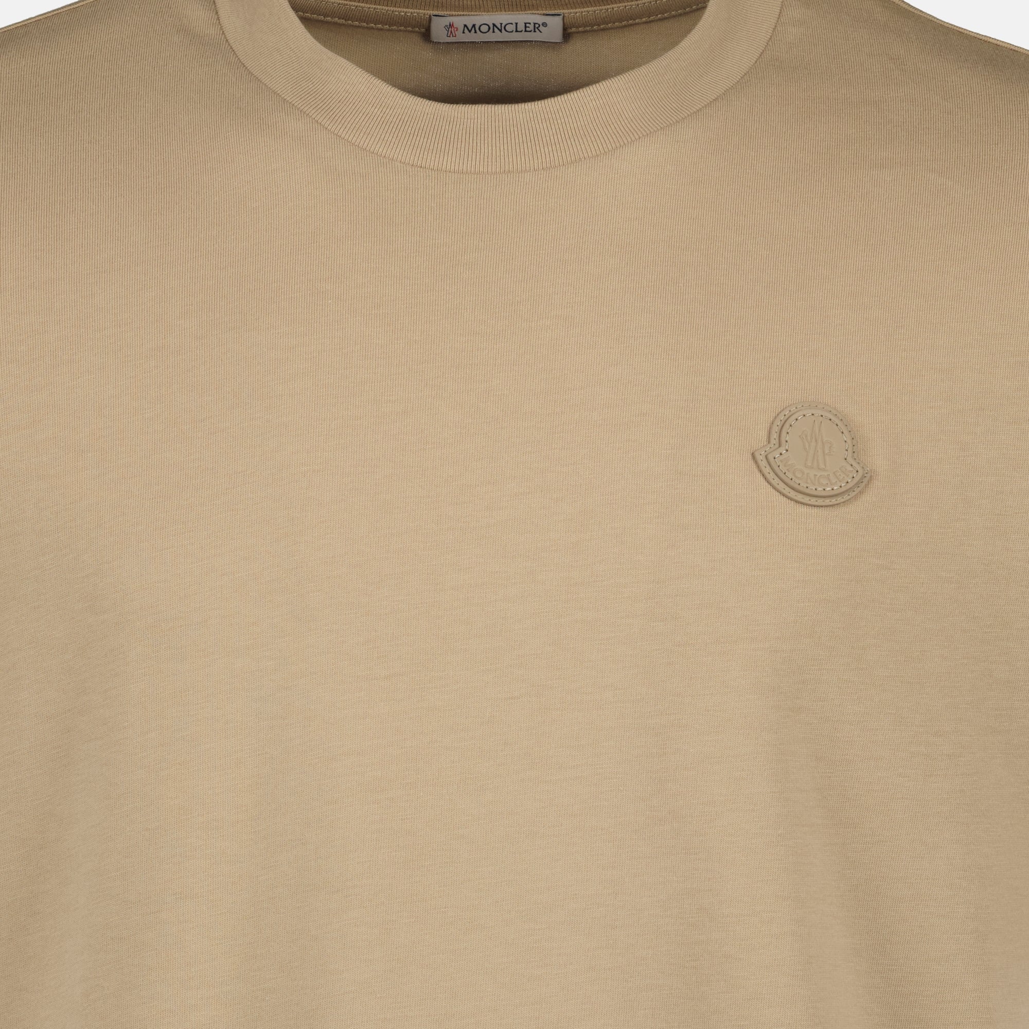 Moncler T-shirt, leather logo shirt, beige T-shirt, cotton jersey shirt, casual wear