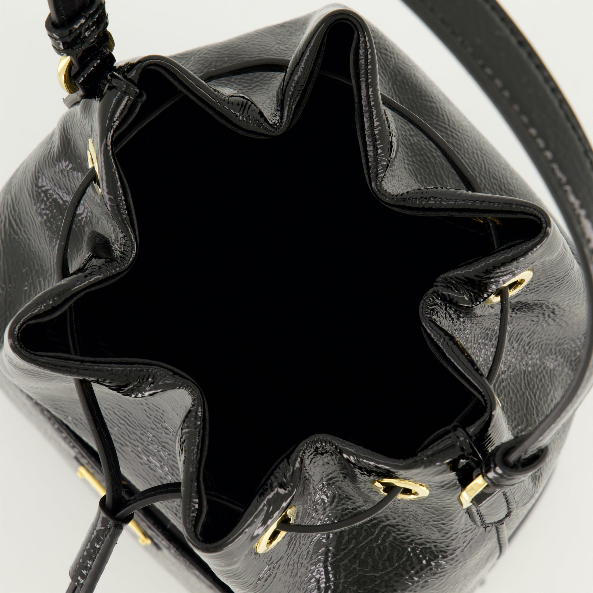 Prada bucket bag, patent leather bag, drawstring bag, black handbag, luxury accessories