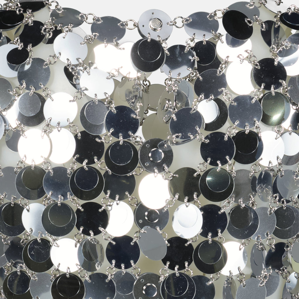 sparkle dress, mid-length dress, Rabanne fashion, silver dress, modern dress