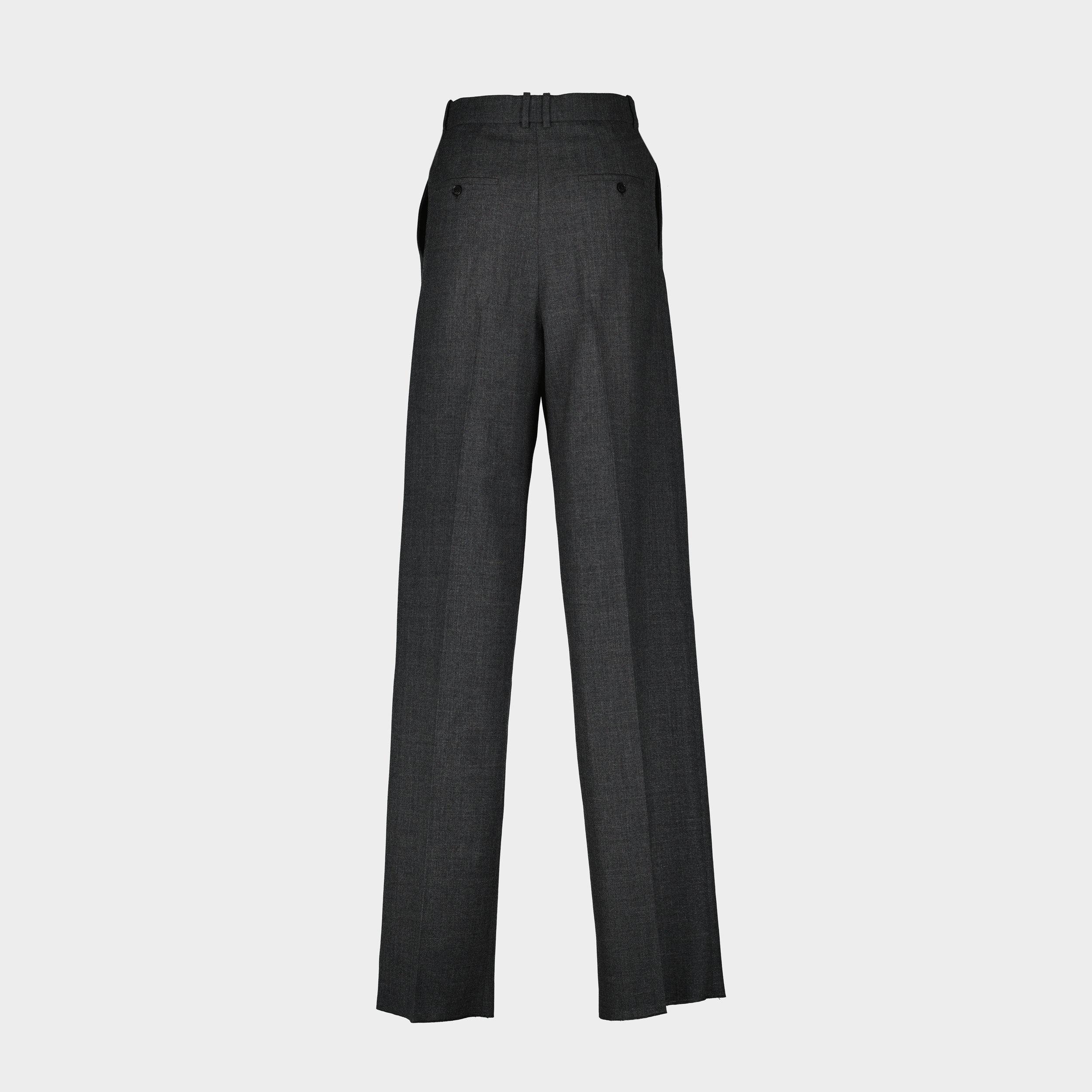grey wool trousers, wide cut trousers, Saint Laurent, high waist trousers, Spring-Summer 2025 collection