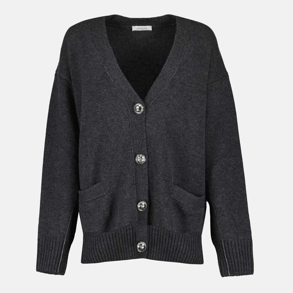 grey cardigan, wool cashmere, V-neck design, long sleeve cardigan, Rabanne