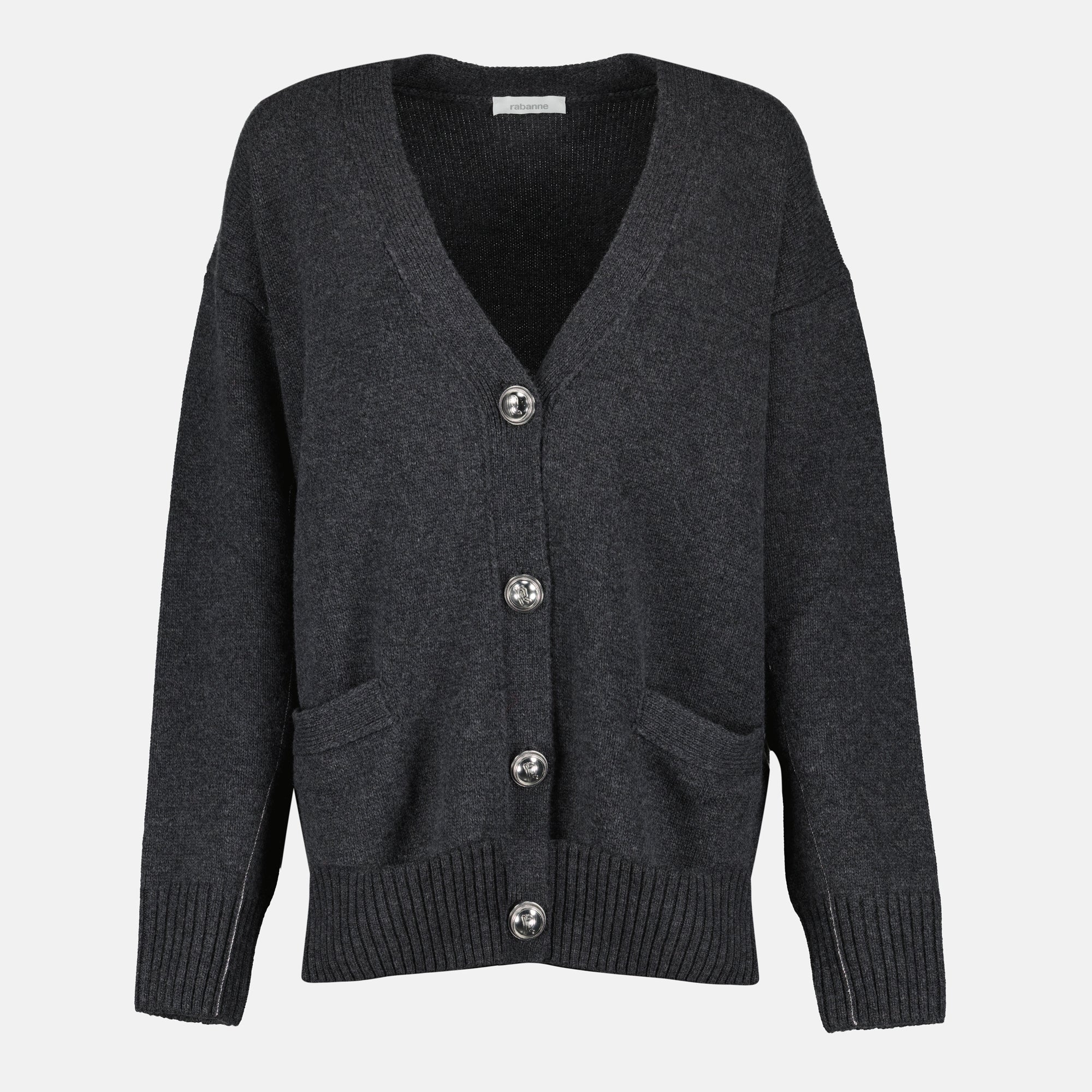 grey cardigan, wool cashmere, V-neck design, long sleeve cardigan, Rabanne