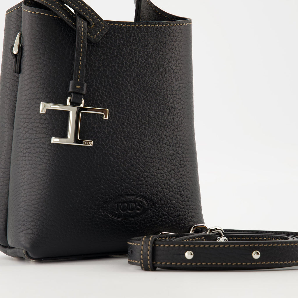 Tod's bucket bag, black leather bag, luxury handbag, calf leather accessory, designer bag
