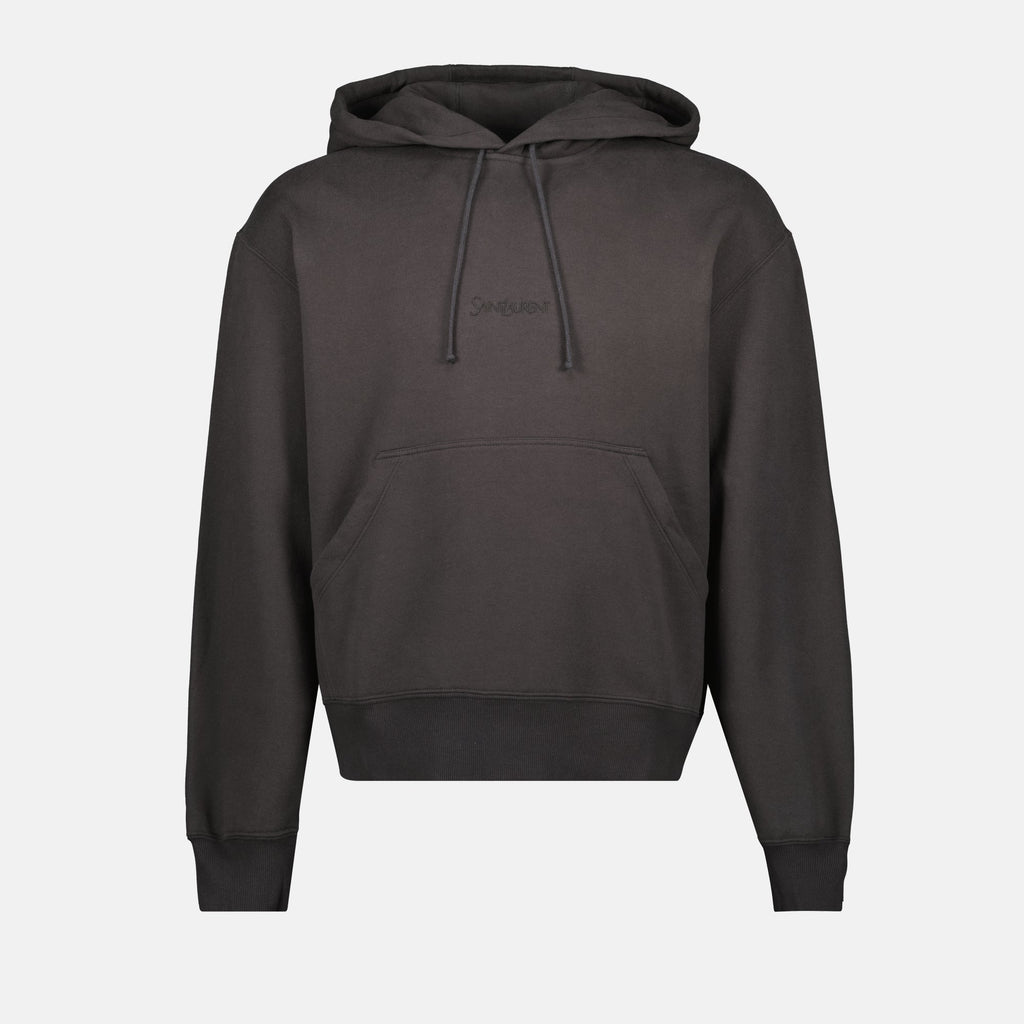 Saint Laurent hoodie, grey hoodie, embroidered sweatshirt, cotton fleece, casual wear