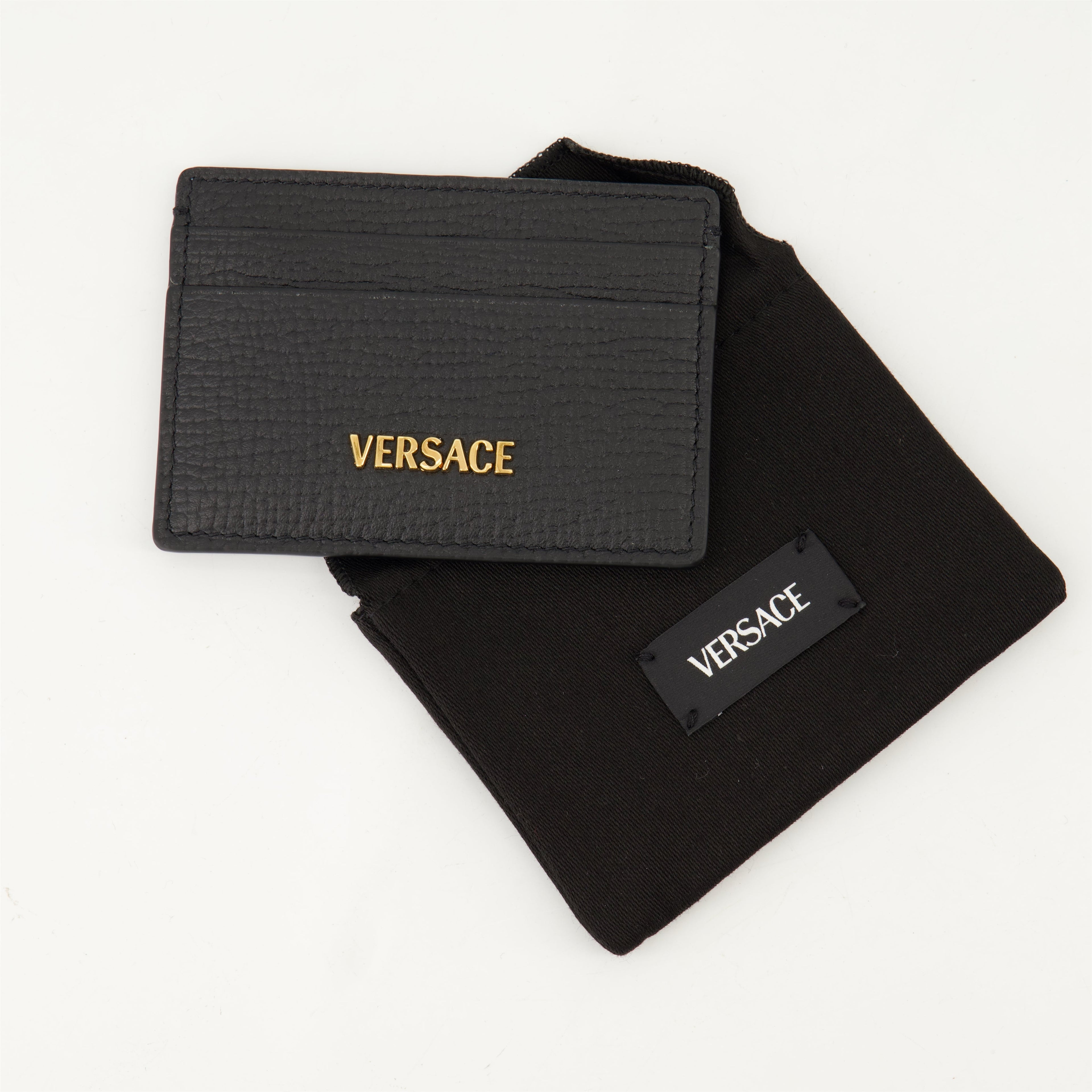 Leather Card Holder, Grained Leather, Versace Accessory, Card Slots, Metallic Logo
