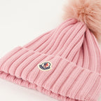 Moncler beanie, pink pom pom beanie, luxury knitwear, Fall-Winter 2024, ribbed knit hat