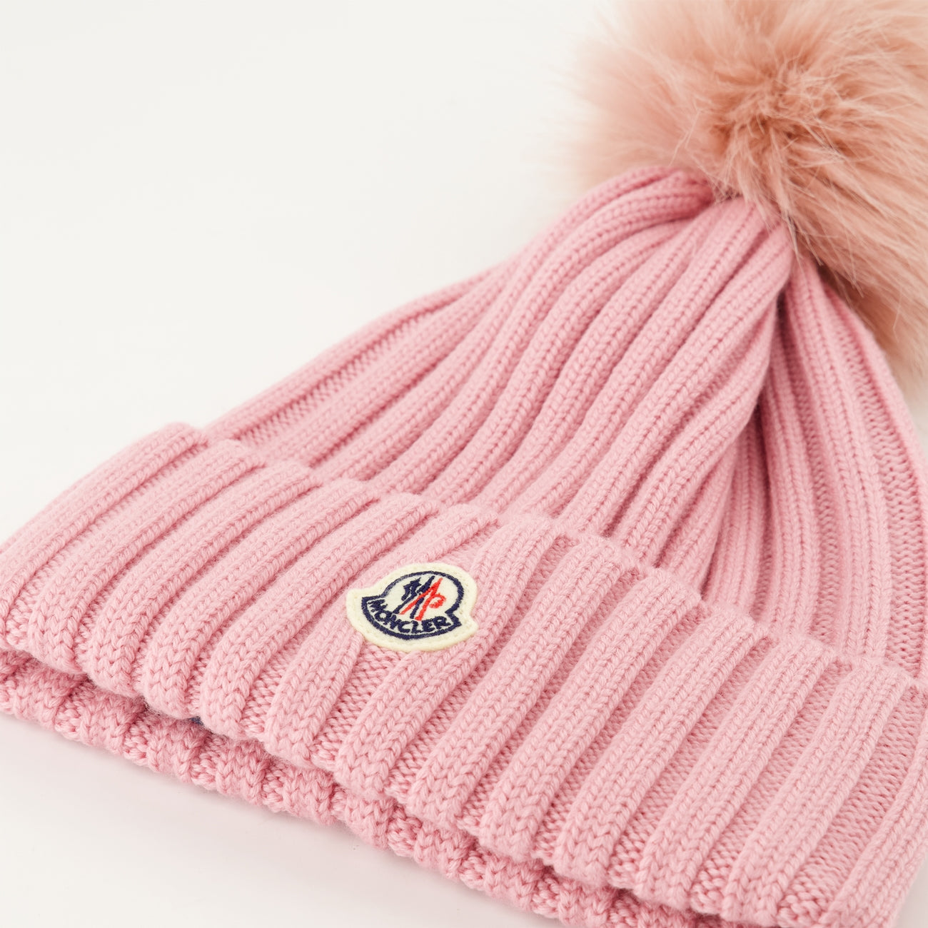 Moncler beanie, pink pom pom beanie, luxury knitwear, Fall-Winter 2024, ribbed knit hat