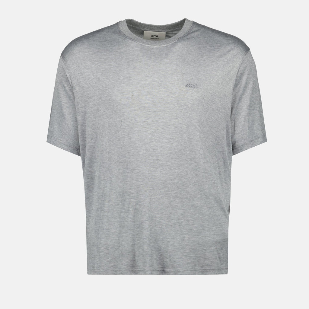 Image du T-shirt Brodé Gris par Ami PARIS pour Unisexe - Saison Automne-Hiver 2025 - Vue de face