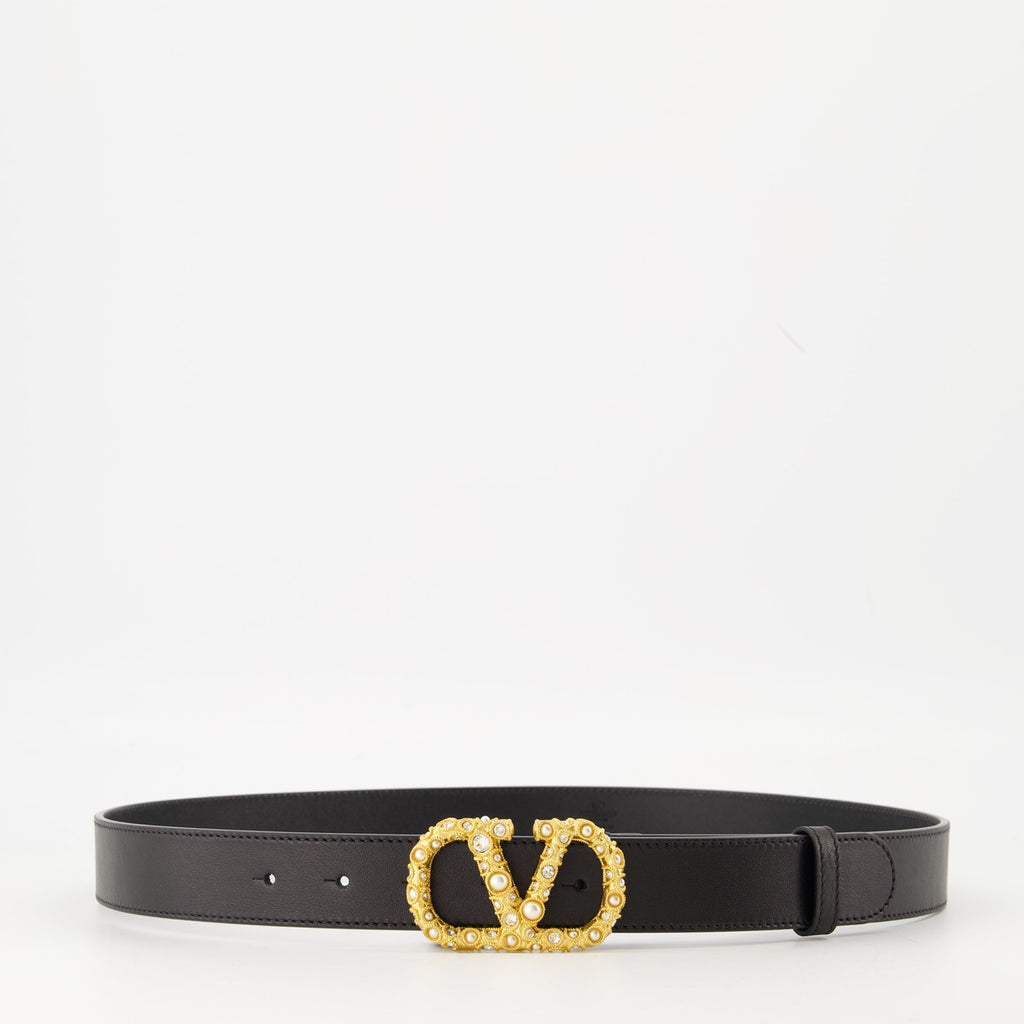VLogo Cristaux Belt, Valentino Garavani, Swarovski crystals, luxury accessories, black calf leather