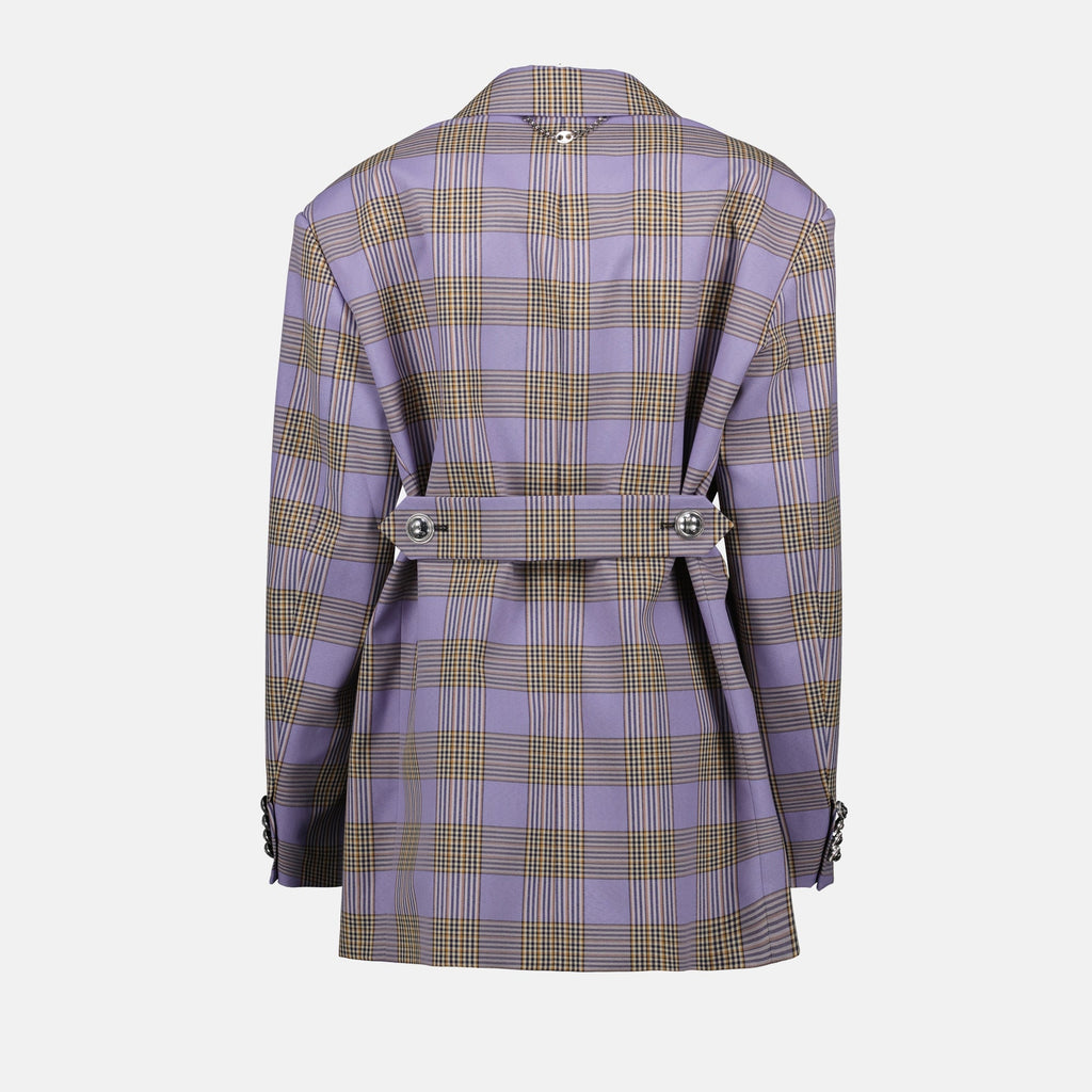 purple blazer, oversized blazer, checkered blazer, Rabanne fashion, women's outerwear