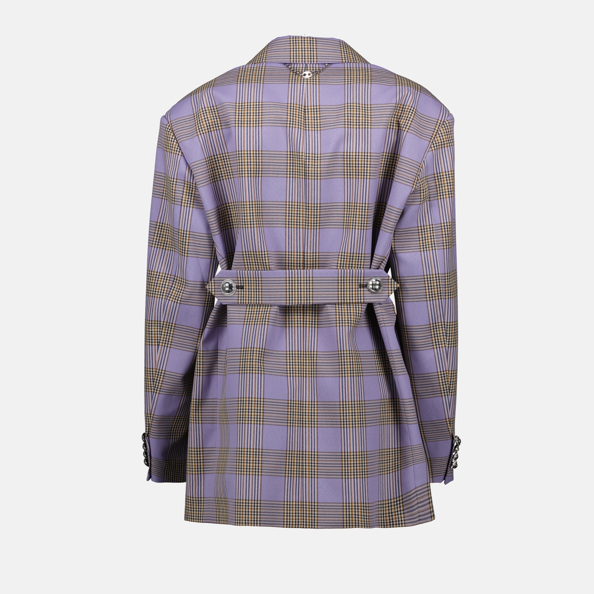 purple blazer, oversized blazer, checkered blazer, Rabanne fashion, women's outerwear