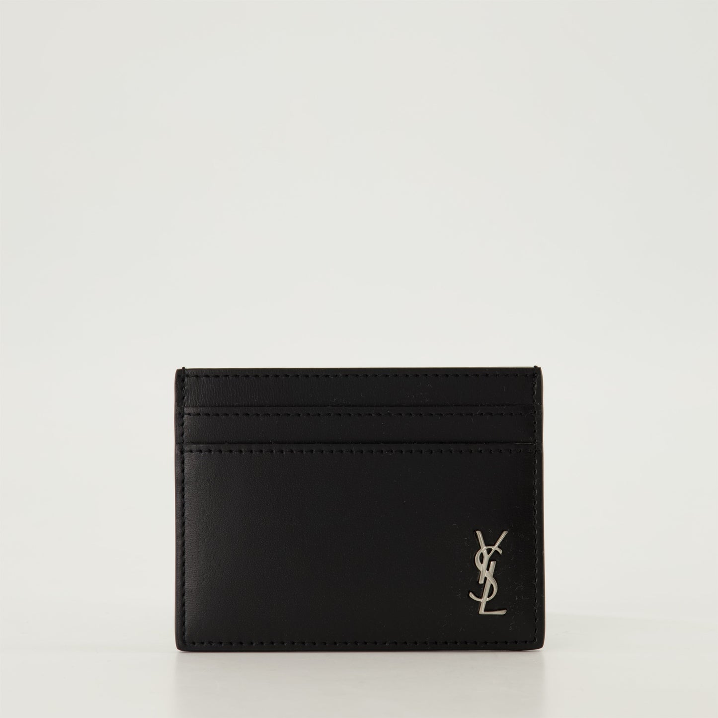 leather card holder, Saint Laurent, card holder black, metallic logo card holder, sophisticated accessory