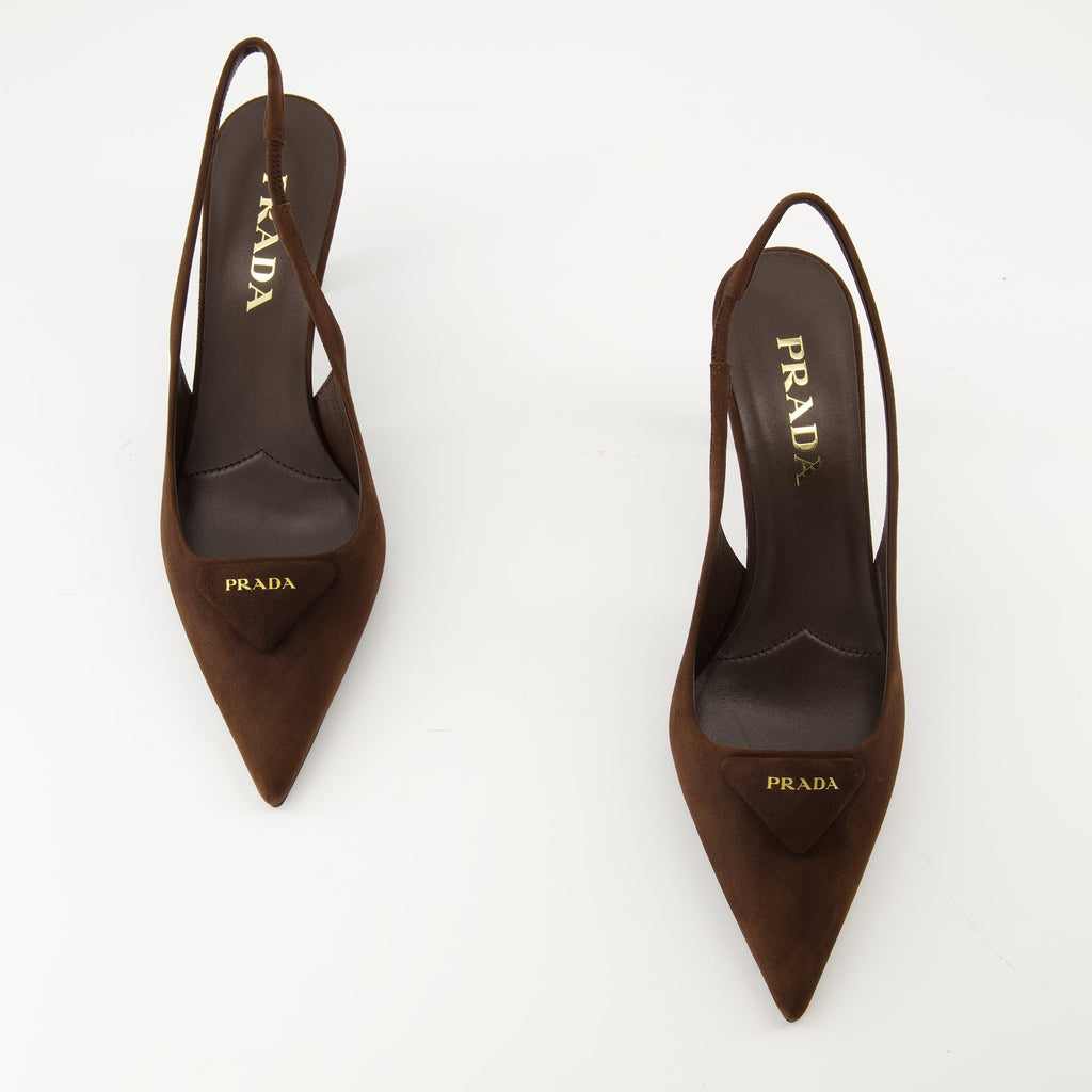 Prada heels, brown suede shoes, pointed toe heels, designer footwear, Autumn-Winter collection
