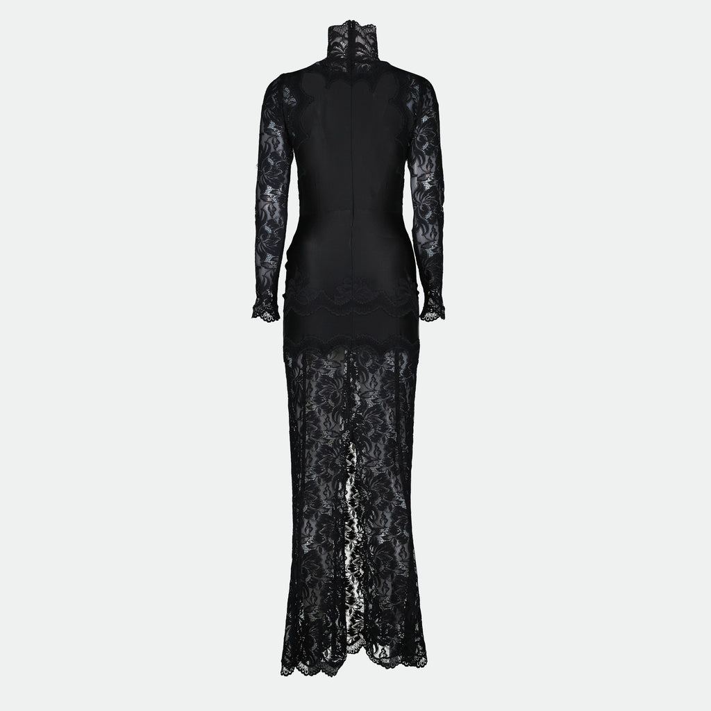 black lace dress, Rabanne dress, long sleeve dress, ankle length dress, embroidered lace dress