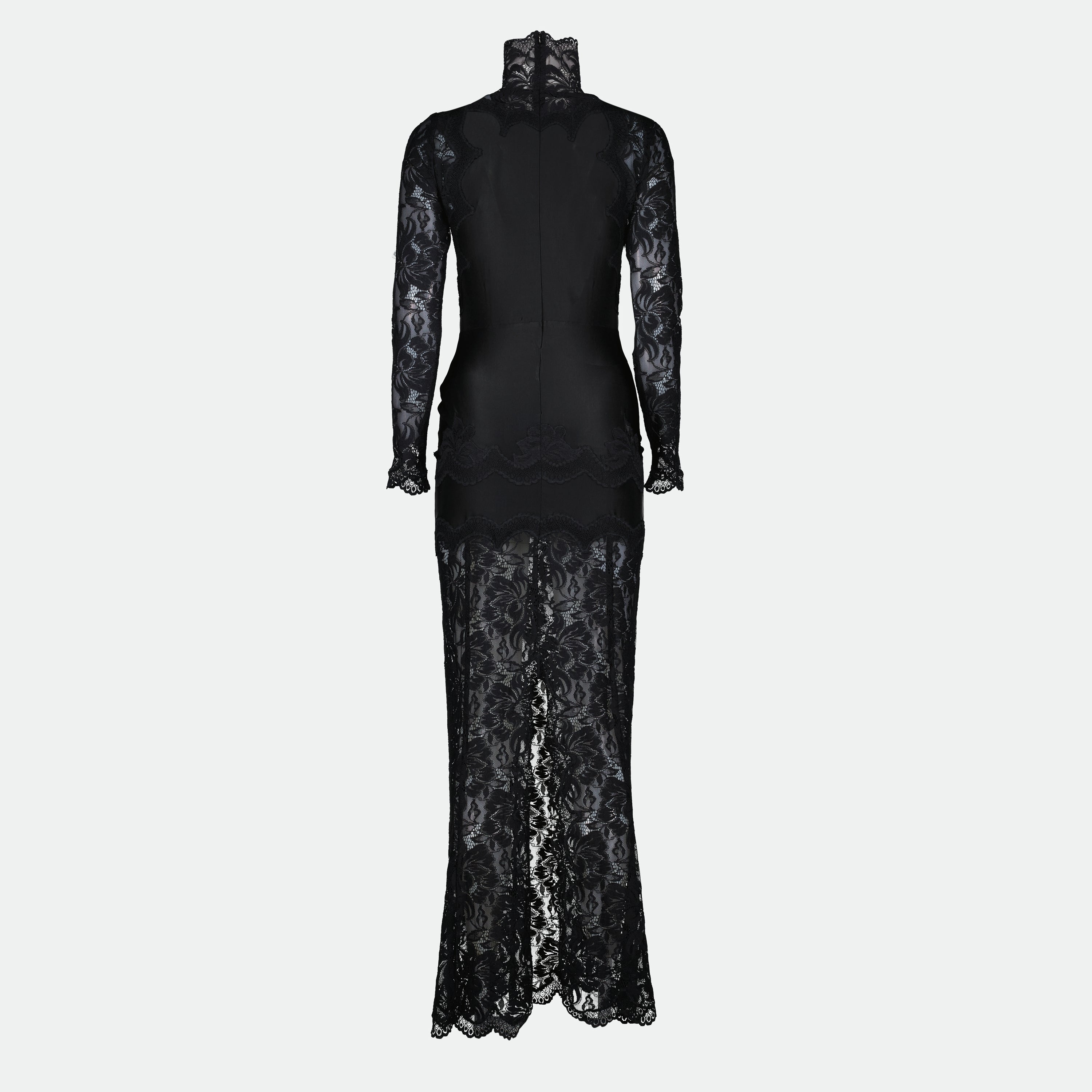 black lace dress, Rabanne dress, long sleeve dress, ankle length dress, embroidered lace dress