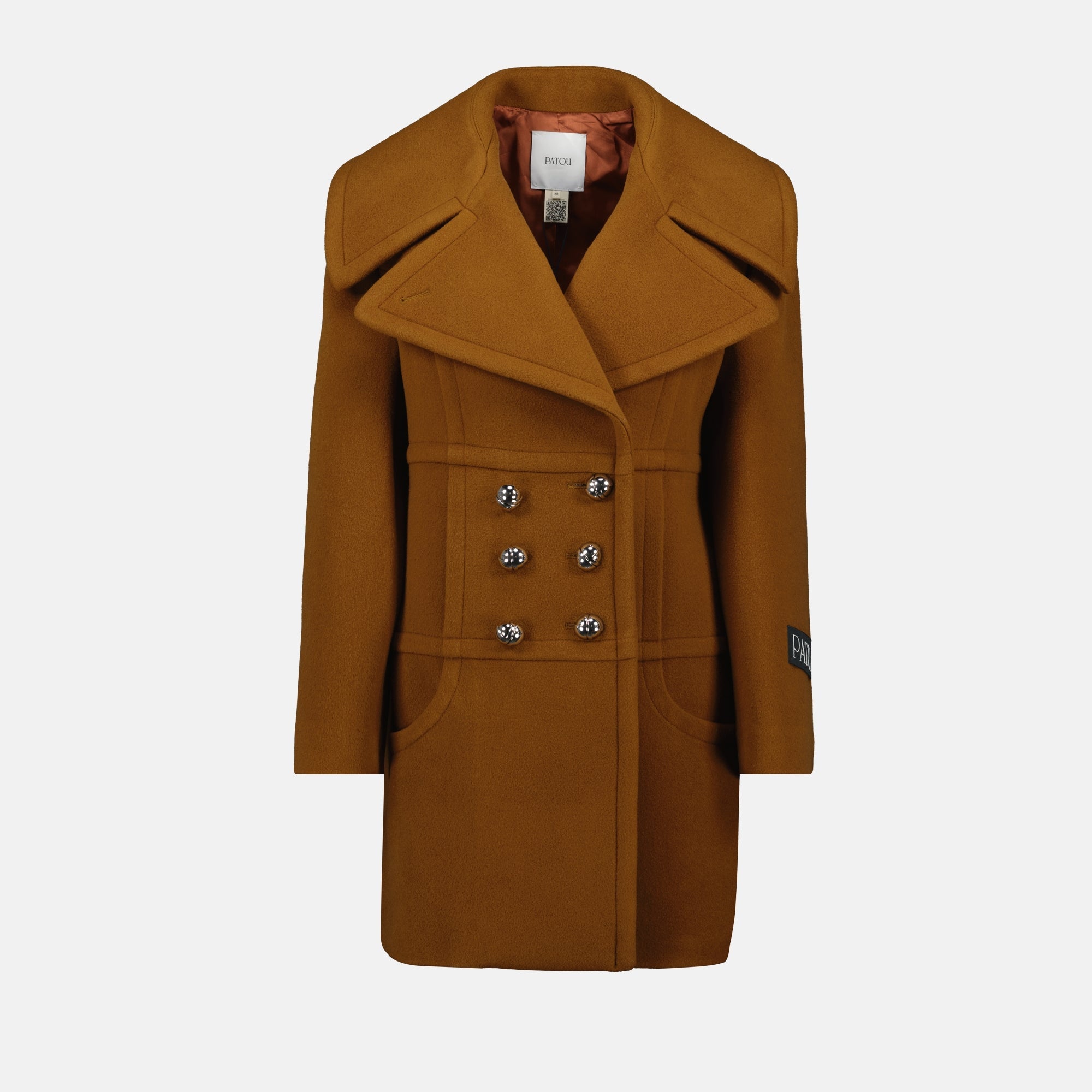 brown wool coat, Patou coat, mid-length coat, autumn-winter 2025, elegant outerwear