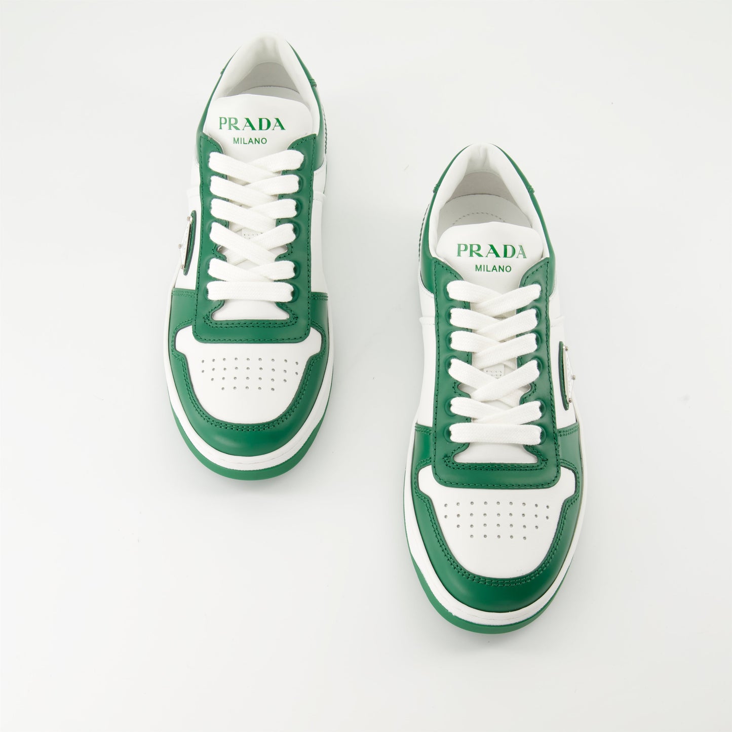 Prada sneakers, luxury sneakers, white and green leather sneakers, modern high-end footwear, Autumn-Winter 2024 collection