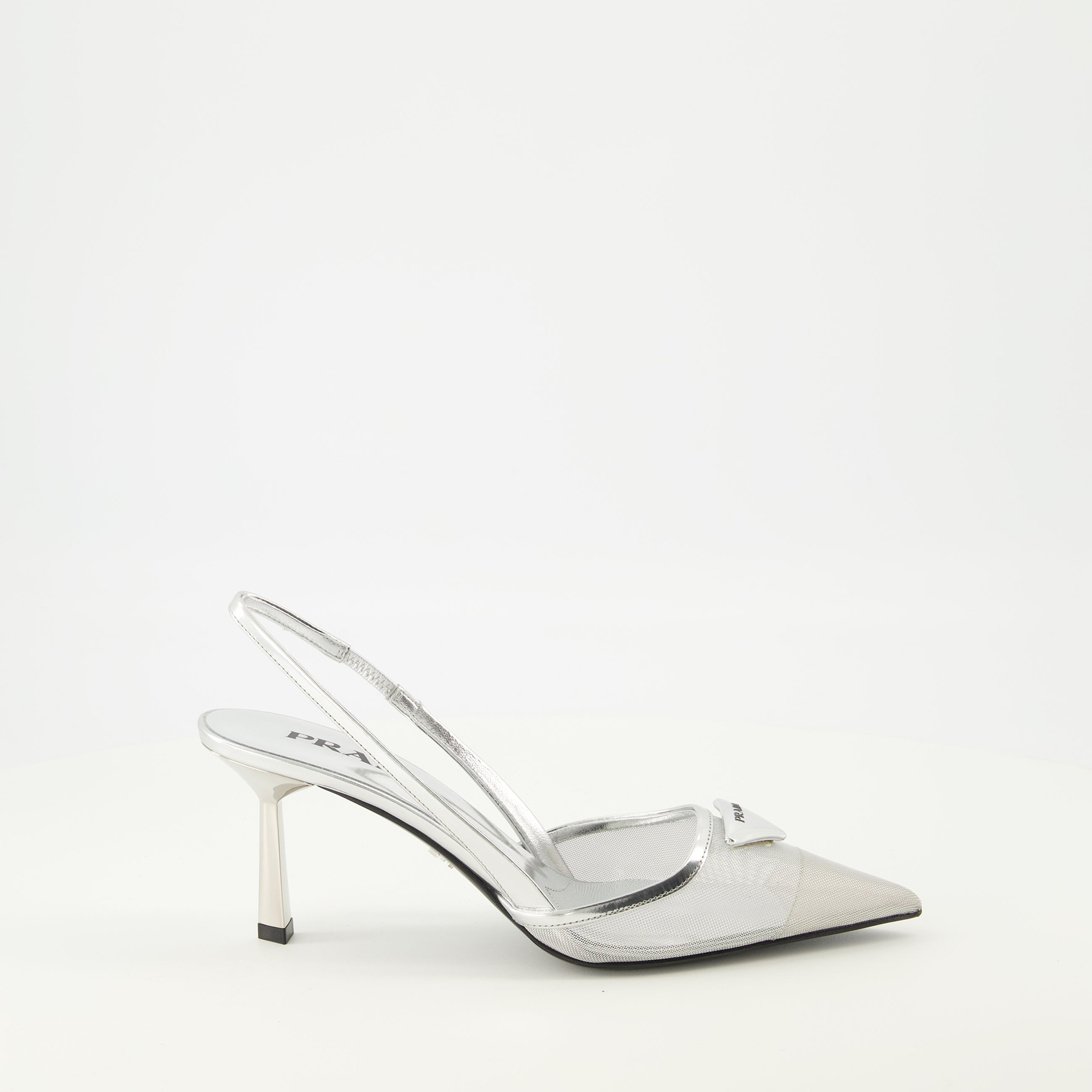 silver mesh heels, Prada footwear, pointed toe heels, elegant shoes, spring-summer collection