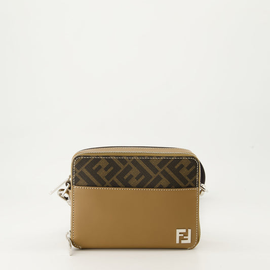 Fendi mini bag, brown leather bag, FF print bag, adjustable strap bag, luxury accessories