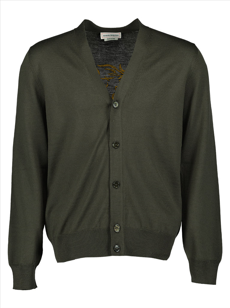 Alexander McQueen green cardigan, luxury men's cardigan, embroidered cardigan, designer men's wear, high-end fashion