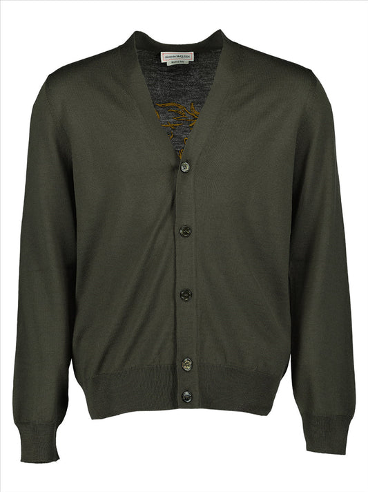 Alexander McQueen green cardigan, luxury men's cardigan, embroidered cardigan, designer men's wear, high-end fashion