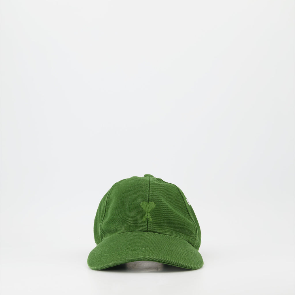 Green Ami de Coeur Cap, AMI Paris Cap, Luxury Headwear, Unisex Designer Cap, Elegant Accessories