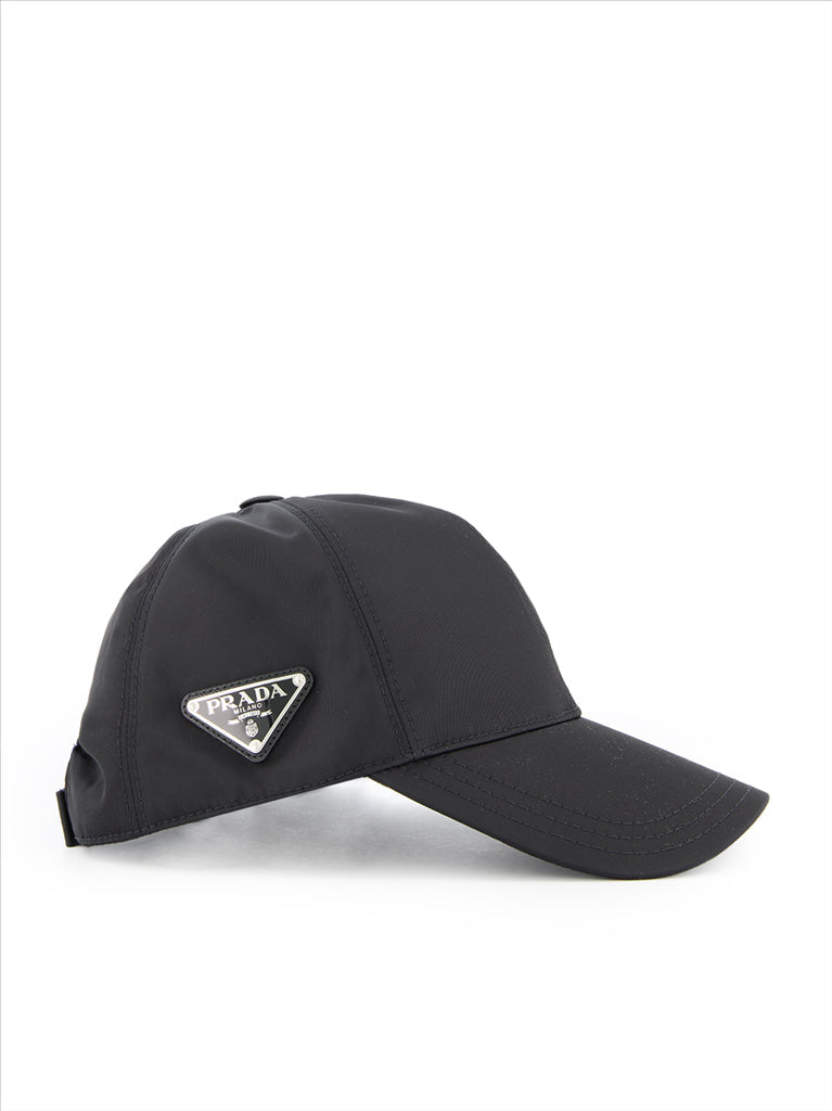 Prada cap, Re-Nylon cap, sustainable accessories, adjustable cap, black nylon cap