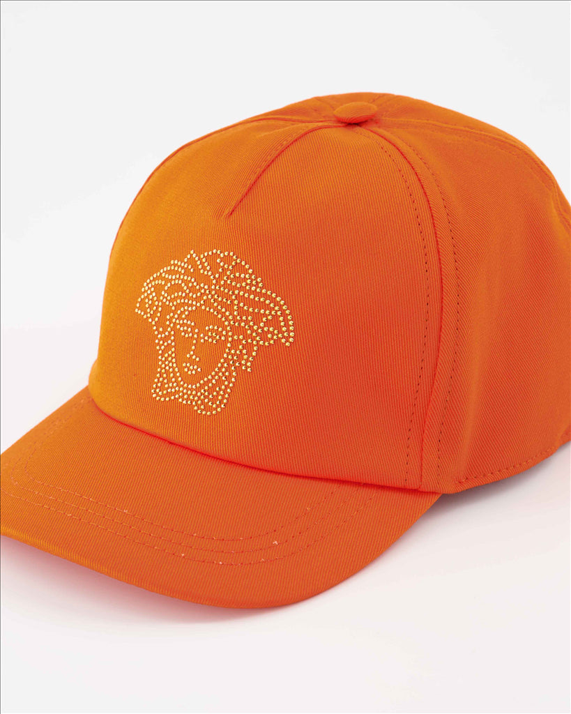 Versace Kids Cap, Medusa Cap, Unisex Orange Cap, Luxury Children's Accessory, Versace Rhinestone Cap