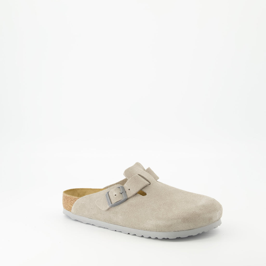 Boston Mules, Birkenstock, gray mules, comfortable footwear, nubuck leather