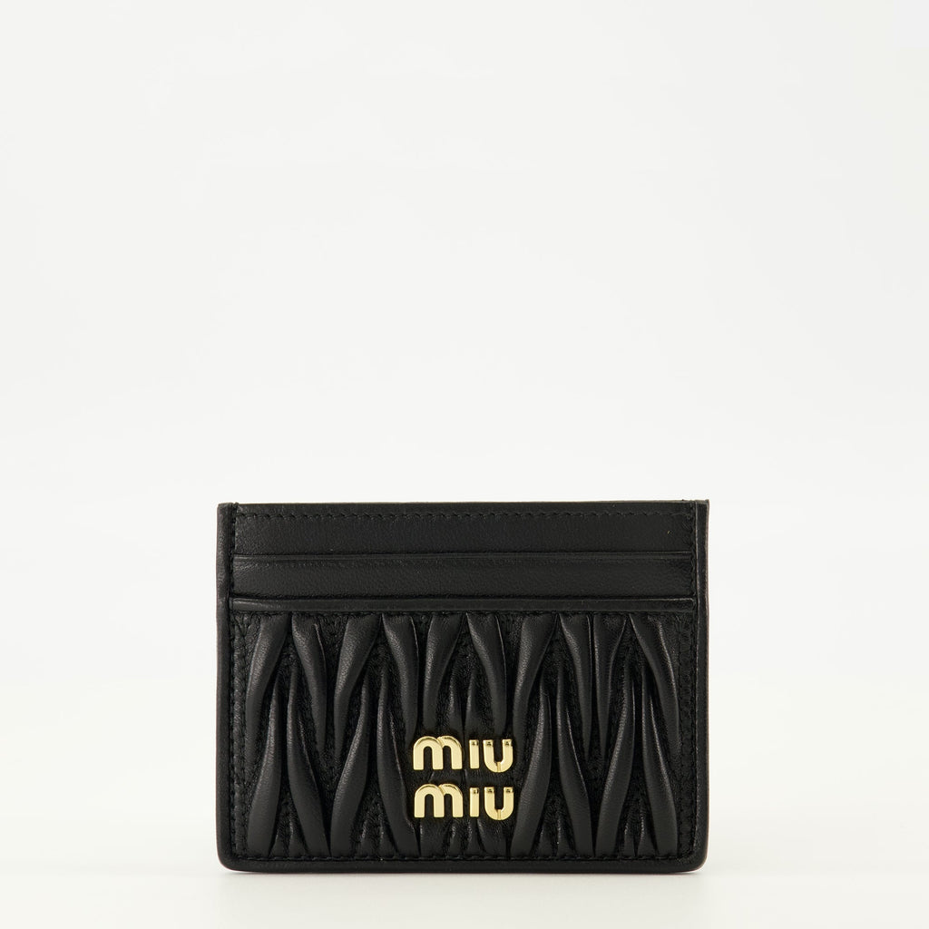 quilted card holder, black leather accessory, Miu Miu card holder, lamb leather wallet, designer card holder