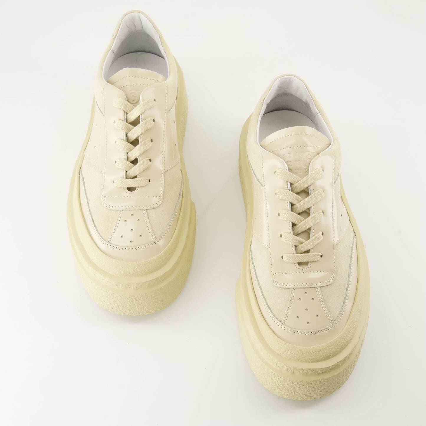 MM7 sneakers, platform sneakers, beige sneakers, luxury footwear, shiny leather sneakers